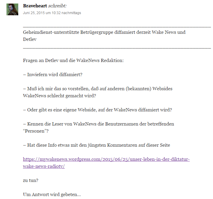 Kommentar auf der Wakenews Blog Seite